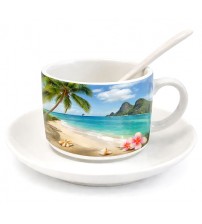 Чаша за кафе с чинийка и лъжичка – със снимка и надпис