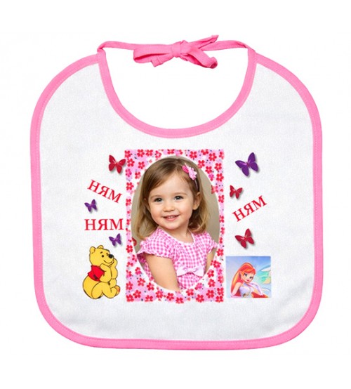 Персонализиран Бебешки Лигавник Със Снимка И Надпис – Бял С Розов Кант